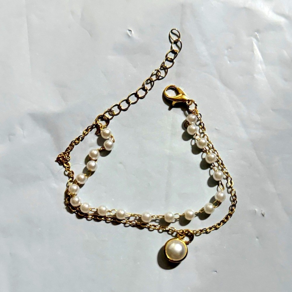 Gold Tone Cable Chain Bracelet Faux Pearl Dangle Charm Adjustable Lobster